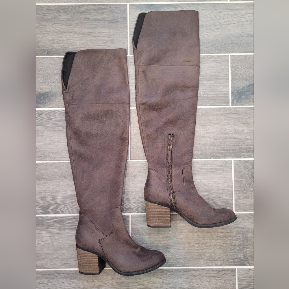 Hinge Boots Canton Brown Over The Knee Distressed 3" Chunky Block Heel S… - Picture 3 of 11